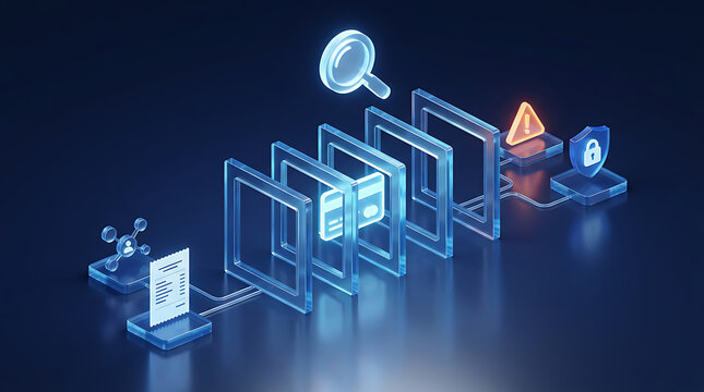 3d isometric banking fraud review illustration with layered transaction screening payment card document search warning alert and account protection workflow
