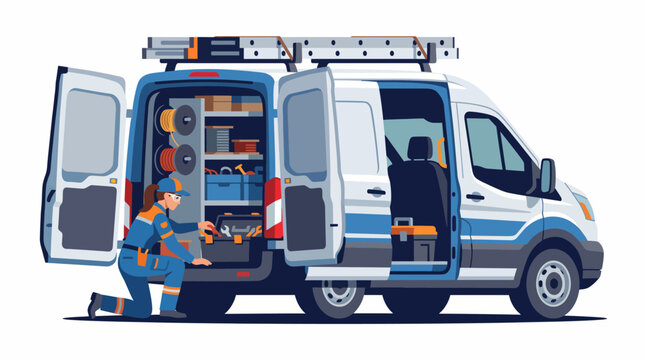 A service technician crouches beside a van loaded with tools, showcasing the equipment necessary for various maintenance and repair tasks in a professional environment.