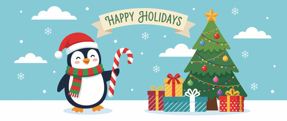 A cheerful penguin wearing a Santa hat and scarf holds a candy cane near a beautifully decorated Christmas tree, embodying festive spirit and joy during the holidays. © Haitao