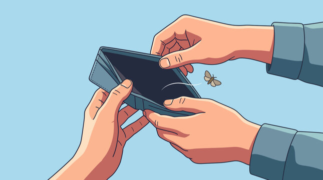 A person checks their nearly empty wallet, reflecting the emotional weight of financial hardship and the impact it has on individual well-being and lifestyle choices.