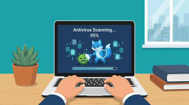 A computer screen displaying an antivirus scanning progress bar with a cartoon fox character, symbolizing digital security and the importance of protecting devices from malware.