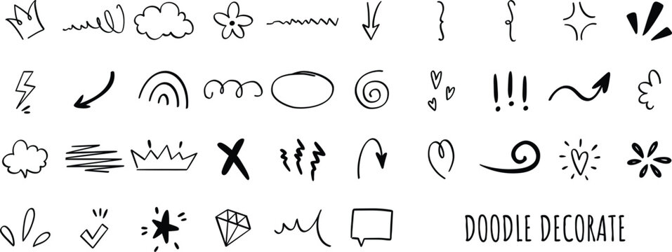 Hand drawn doodle decorate vector set. Black and white line art of abstract shapes, arrows, crowns, hearts, stars, and comic elements for design accents.