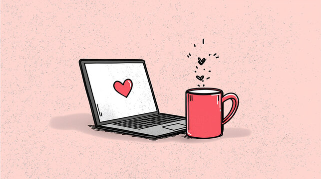 Laptop with heart symbol illustration representing passion for work