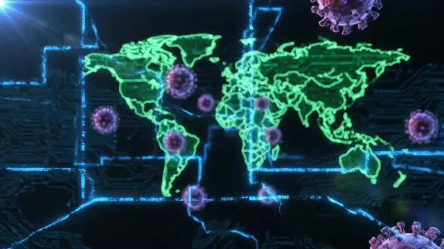Abstract 3D render showing microscopic virus particles and a digital representation of the world map illuminated with green lines against a dark background with blue circuitry elements.