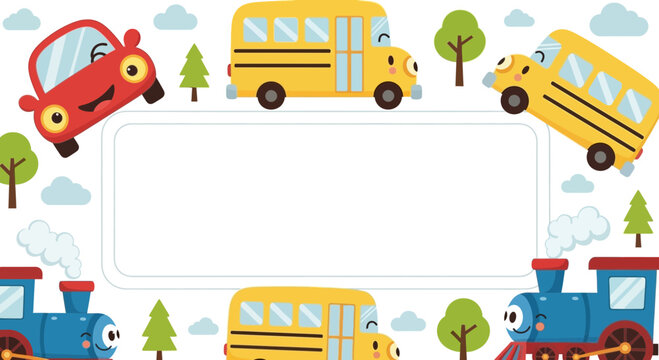 Cute Cartoon Transportation Border Frame with Vehicles