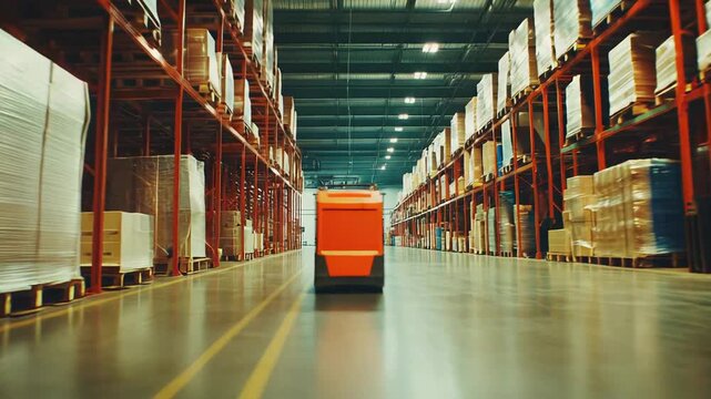 Automated forklift operating in a modern distribution center, efficiently transporting goods along a marked aisle between tall shelving units loaded with pallets and boxes