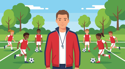 A coach stands confidently on a soccer field, guiding a group of young players, promoting teamwork and sportsmanship in a vibrant outdoor environment filled with trees. © Zeming