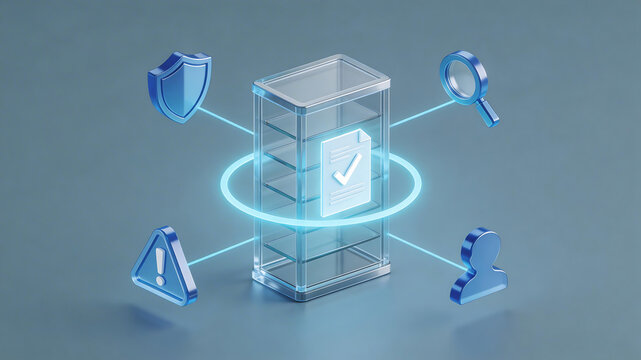 3d isometric enterprise policy lifecycle illustration with approved documents search warning user access and governance tracking around a centralized digital archive