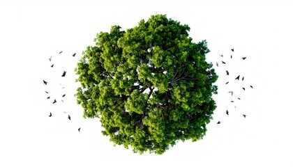 Fototapeta premium Green tree sustaining birds flying over white background