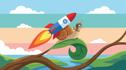 A charming snail equipped with goggles rides a colorful rocket, capturing a whimsical sense of adventure and unique creativity against a bright, enchanting backdrop. © Jiang