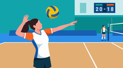 A competitive female volleyball player prepares to serve the ball while a teammate awaits in the background, conveying teamwork and determination in sports. © Jiang