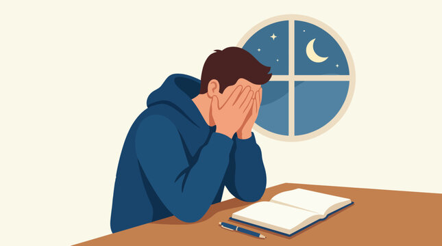 A distressed student sits at a table with face in hands, grappling with homework under the moonlight, embodying the struggles of academic pressure and personal stress during study sessions.