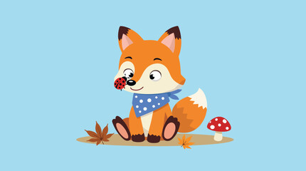 A charming cartoon fox interacts with a ladybug amidst whimsical scenery, featuring vibrant colors and delightful nature elements, perfect for children’s illustrations. © Jiang