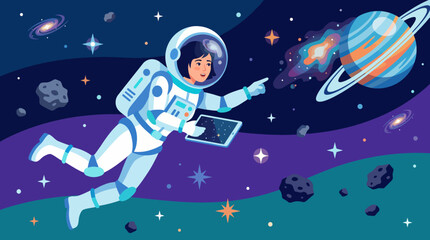 An astronaut floats in space, pointing at Saturn's spectacular rings while holding a digital tablet, representing exploration, curiosity, and the thrill of the cosmos. © Jiang