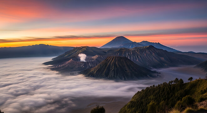Dramatic sunrise over Bromo Tengger Semeru National Park in Java