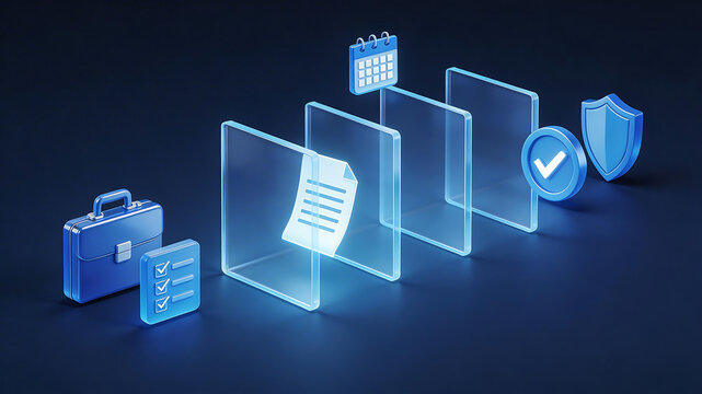 3d isometric regulatory filing workflow illustration with layered documents calendar approval checklist and compliance briefcase