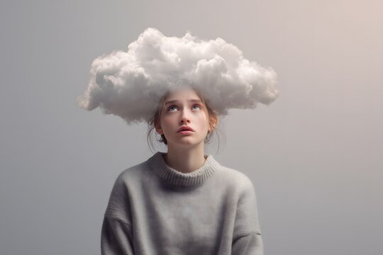 Young woman with cloud over head, confusion and overthinking concept