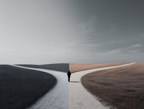 Business decision concept with person at crossroads, choosing between two different paths