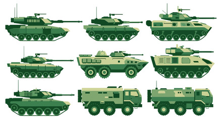 Military Vehicles Vector Set: Modern Tanks, Armored Personnel Carriers, and Tactical Support Trucks Illustration © Imroatul mutmainah