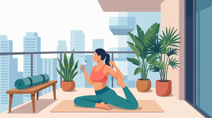 Fototapeta premium A woman practicing yoga on a balcony with a city view, surrounded by plants and wellness items, highlighting balance, inner peace, and the fusion of nature with urban life.
