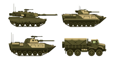Modern Military Combat Vehicles Set: Heavy Battle Tank, Armored Infantry Fighting Vehicles, and Tactical Logistics Truck Illustration © Imroatul mutmainah