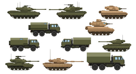 Military Vehicle Vector Set: Modern Battle Tanks, Armored Personnel Carriers, and Army Logistics Trucks Isolated on White Background © Imroatul mutmainah