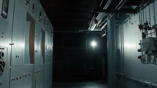 Industrial control room operations featuring a long wall of electrical switchgear, panels, and heavy duty machinery, all illuminated by a single light source in a dimly lit, high tech facility