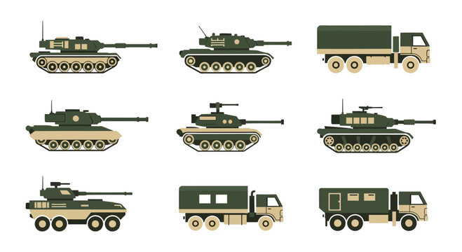 Military Vehicle Vector Set: Tanks, Armored Trucks, and Combat Transport Flat Icons