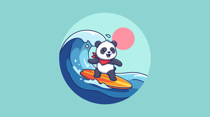 A playful illustration of a panda surfing on a wave, showcasing the adventurous spirit and fun of beach life in a vibrant, cartoonish style that appeals to all ages. © Jiang