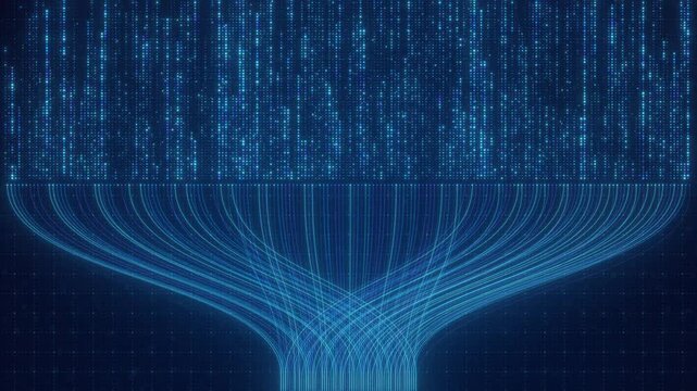 Blue data streams over a technical grid. Telemetry collection, metrics monitoring and observability