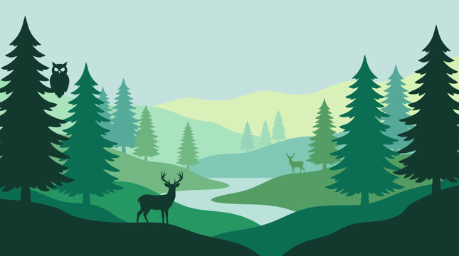 A peaceful green landscape featuring trees, a winding river, and deer, creating a tranquil and harmonious nature scene that promotes relaxation and serenity.