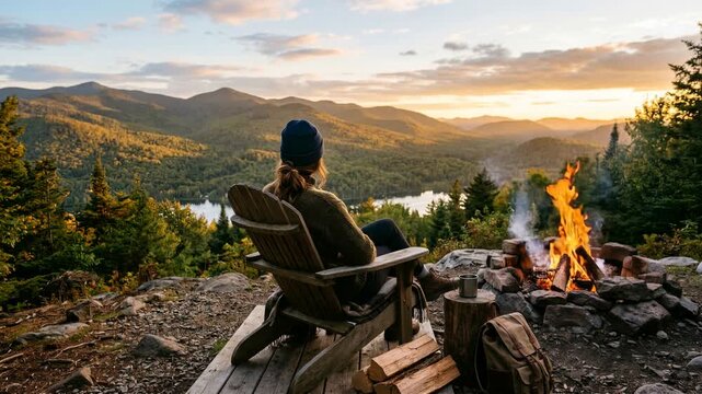 backward woman sitting on wooden chair with campfire and sunset view at adirondack mountains video