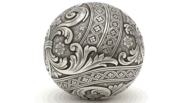 Ornate silver sphere with engraved floral patterns isolated on white background