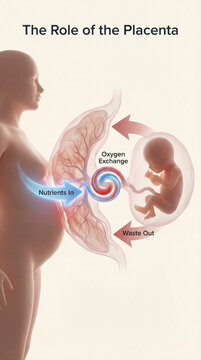 Placenta diagram explains fetal support clearly. Medical illustration shows placenta moving oxygen, nutrients, waste between mother, fetus, clarifying prenatal exchange, fetal growth, health education