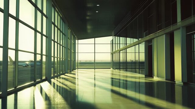 Modern airport terminal interior featuring a spacious, empty hall with large glass windows overlooking a runway, a parked airplane, and sunlight creating long shadows on the polished floor