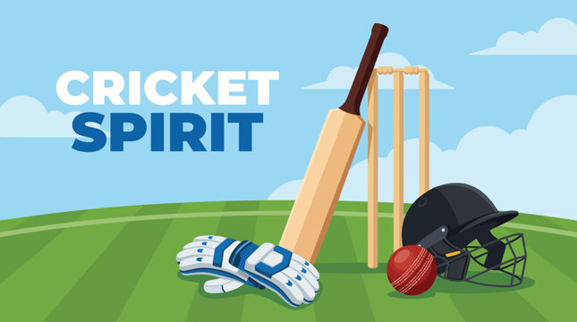 A vivid illustration featuring iconic cricket gear such as a bat, gloves, and a helmet, signifying the spirit of cricket and the joy of playing sports outdoors in the sun.