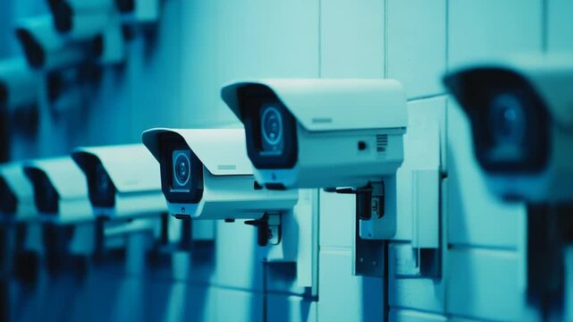 Row of white dome surveillance cameras mounted on a wall delivering continuous monitoring and protection for secure indoor or outdoor environments, modern smart security system