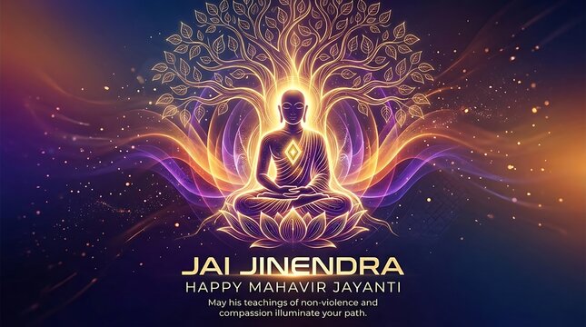 Mahavir Jayanti Greeting with Meditating Lord Mahavir and Tree