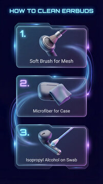Wireless earbuds cleaning steps stay simple. Neon infographic shows earbud mesh brushing, microfiber case wiping, isopropyl swab detail for safe earbud maintenance, hygiene education, tech care poster