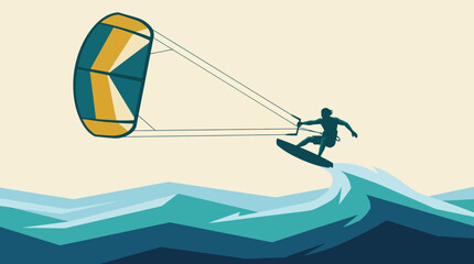 An exciting illustration of a kitesurfer riding high above the turquoise ocean waves, celebrating the adrenaline of water sports and the beauty of dynamic nature. © Yibin