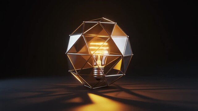 A modern geometric light fixture with a glowing filament bulb encased in a polyhedral metal frame, casting warm angular shadows on the surface below.