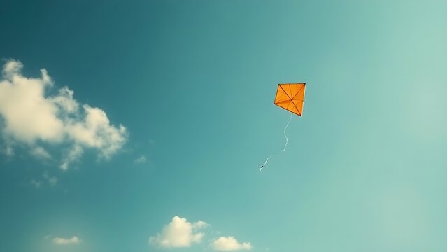 kite. A single kite with a broken string drifting in the blue sky, distant perspective. wellbeing guides, coaching materials, designed for coaching and self-improvement content.