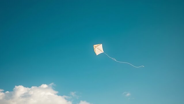 kite. A single kite with a broken string drifting in the blue sky, distant perspective. wellbeing guides, coaching materials, designed for coaching and self-improvement content.