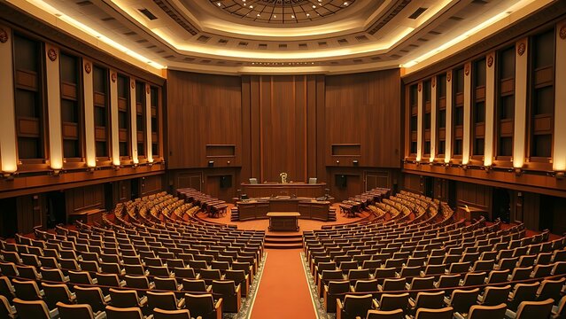 congress. A grand parliamentary chamber with rows of empty seats and soft ambient lighting from above. real-estate listings.