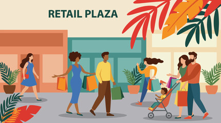 This illustration portrays a lively retail plaza scene filled with shoppers carrying colorful bags, surrounded by plants and charming shops, evoking a sense of activity. © Yibin