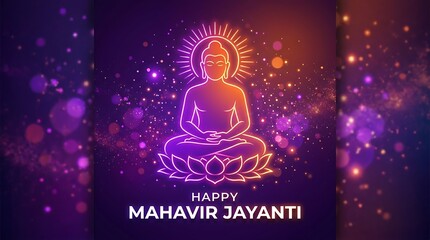 Mahavir Jayanti Greeting with Neon Glowing Lord Mahavir Illustration