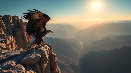 Naklejka premium presence. A solitary eagle with wings spread, perched on a cliff overlooking a vast valley. wildlife magazines, conservation campaigns, designed for wildlife conservation campaigns.