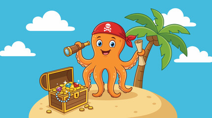 Fototapeta premium This adorable octopus, dressed as a pirate, holds a telescope and stands proudly by a treasure chest filled with gems, portraying adventure and playful spirit in the ocean.