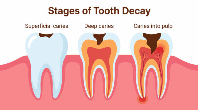 A clear and informative diagram illustrating the stages of tooth decay, providing essential insights into oral health and the progression from superficial caries to pulp infection.