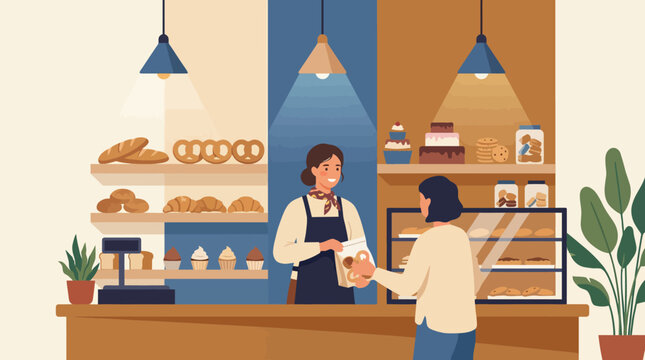 A delightful bakery scene showcases a smiling attendant serving freshly baked goods to a customer, emphasizing warmth, community, and the joy of delicious treats.
